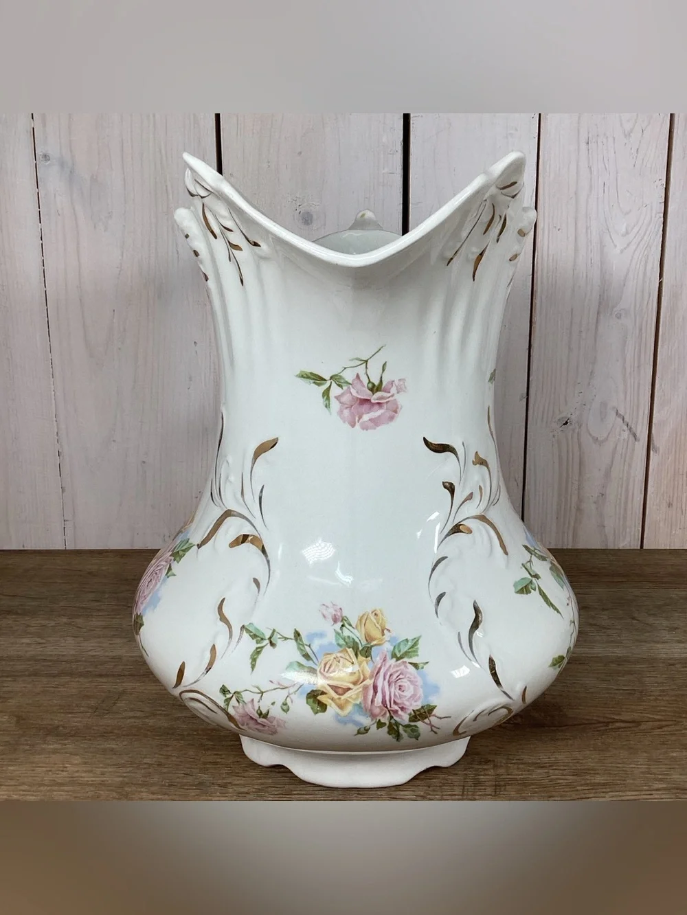 Antique WC Co Semi Porcelain 11” Pitcher Pink & Yellow Roses Gold Leafing Emboss